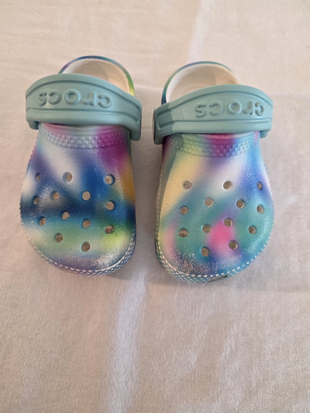 CROCS Kids Tie-Dye Clog in Pastel Blue, Pink & Green